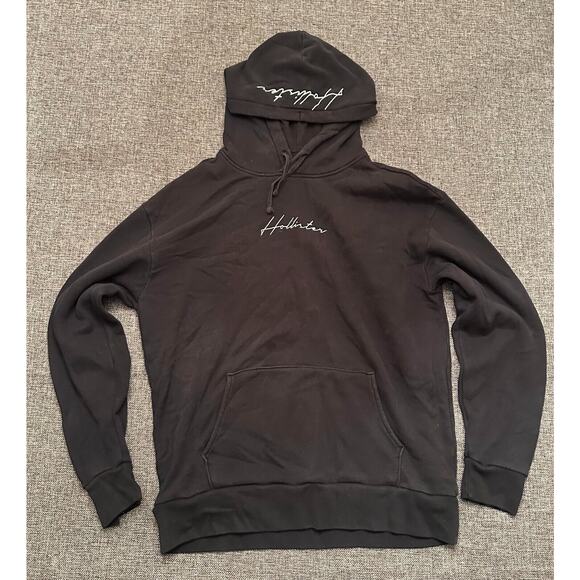 Hollister Scripted Name Hoodie Mens Size Small Black Logo Pullover Sweater - Picture 1 of 5